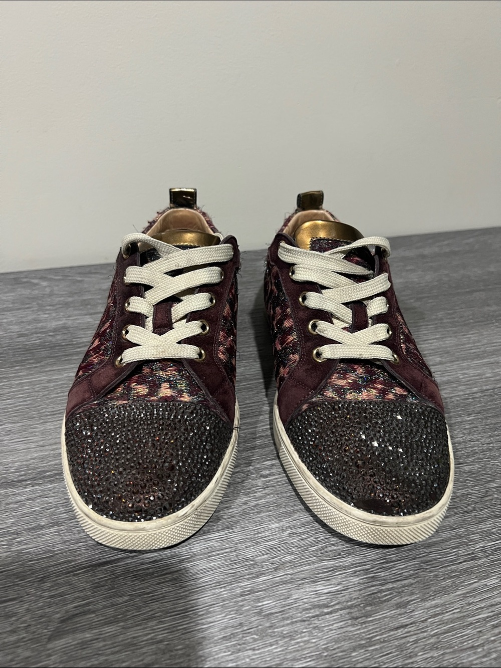 Christian Louboutin Embellished Tweed Low-Top Sneakers in Burgundy and brown - Picture 2 of 7
